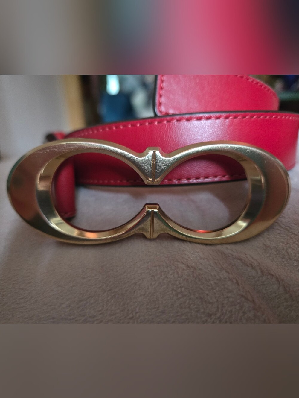 Coach Red Leather Belt with Gold Signature Double O Buckle